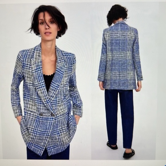 Zara Blazer Plaid Pronounced Shoulders Double Breasted XS - Picture 1 of 6